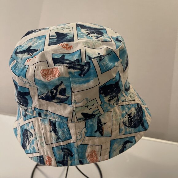 Boys Reversible Shark All Over Print Bucket Hat In Blue White Good Vibes Lookout - Picture 5 of 10